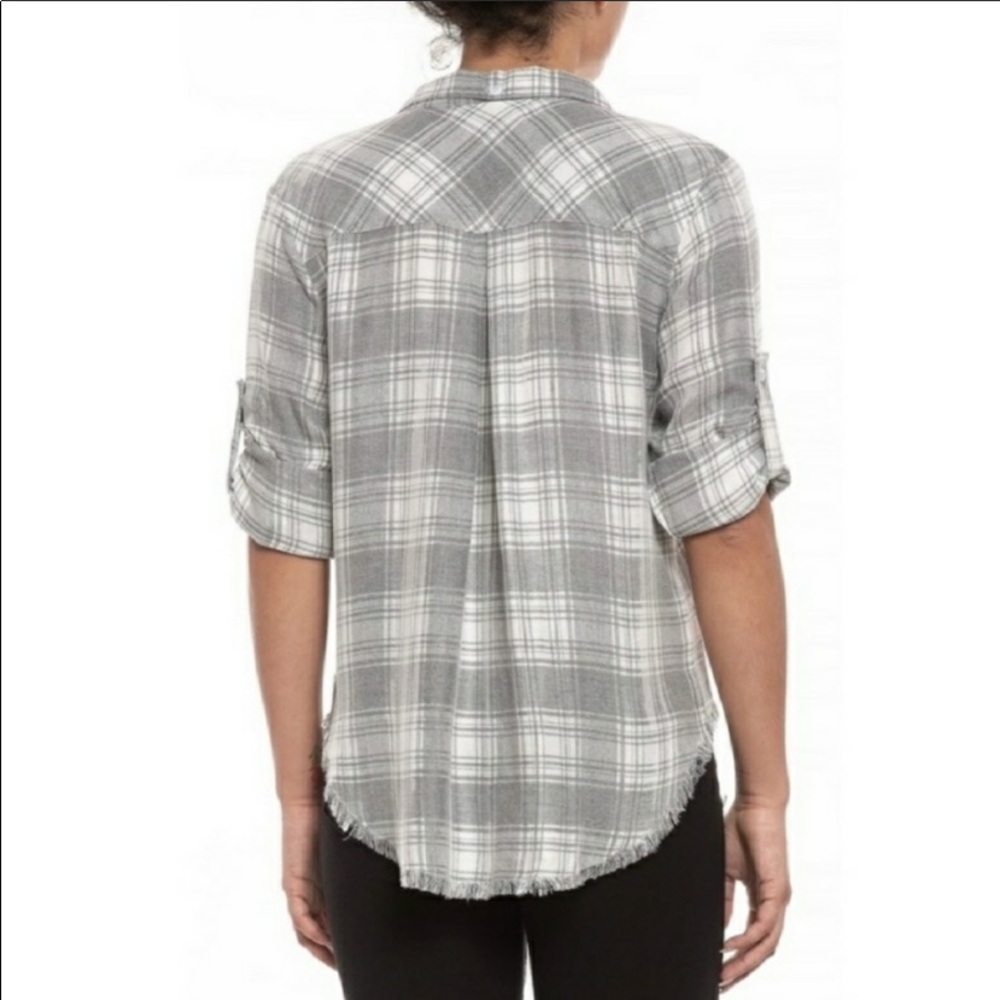Anthro Cloth & Stone Gray Plaid Frayed Edge Button Down Shirt Top - Picture 6 of 8